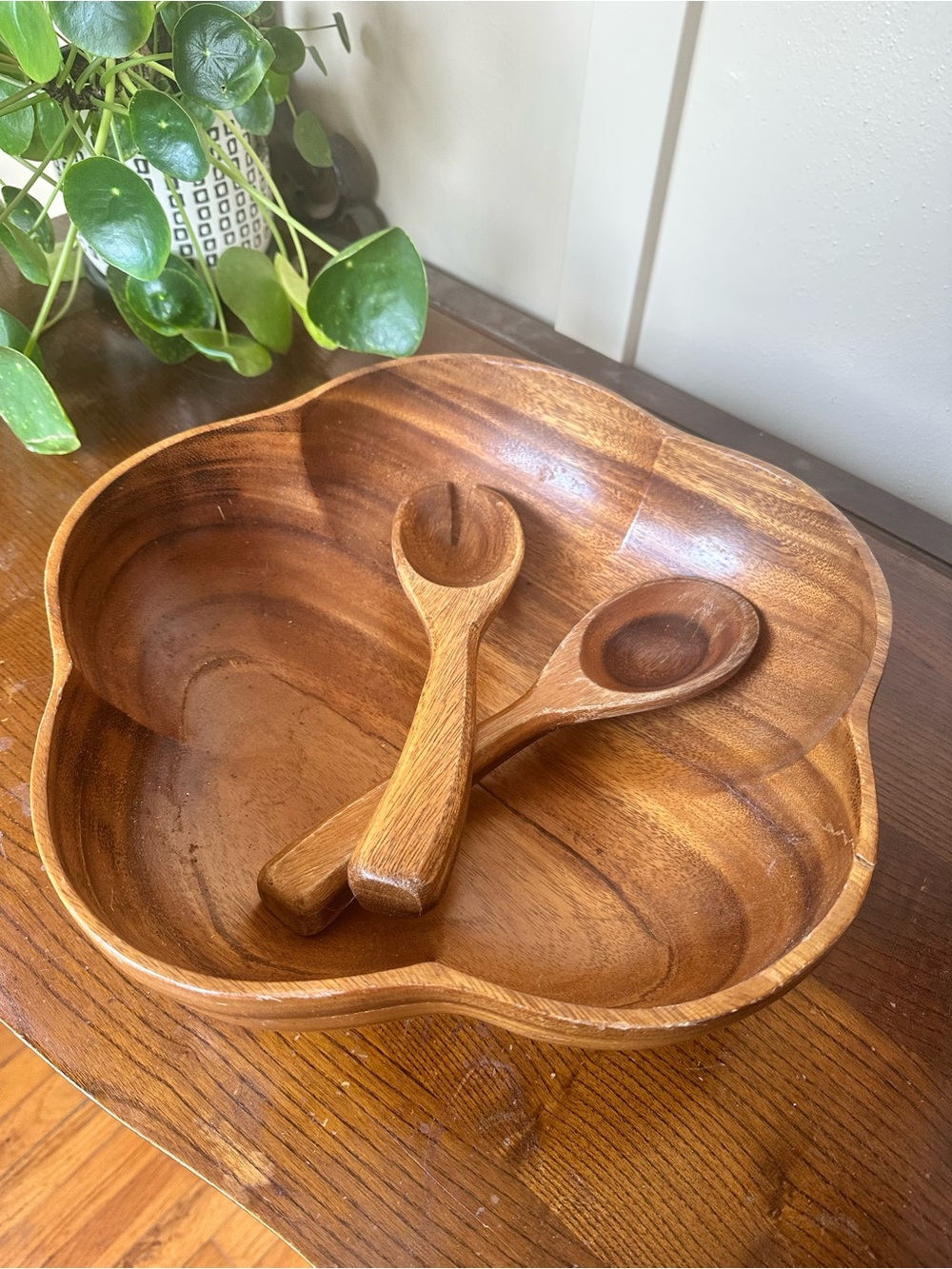 Large Flower Handcrafted Wooden Serving Bowl with Matching Spoons